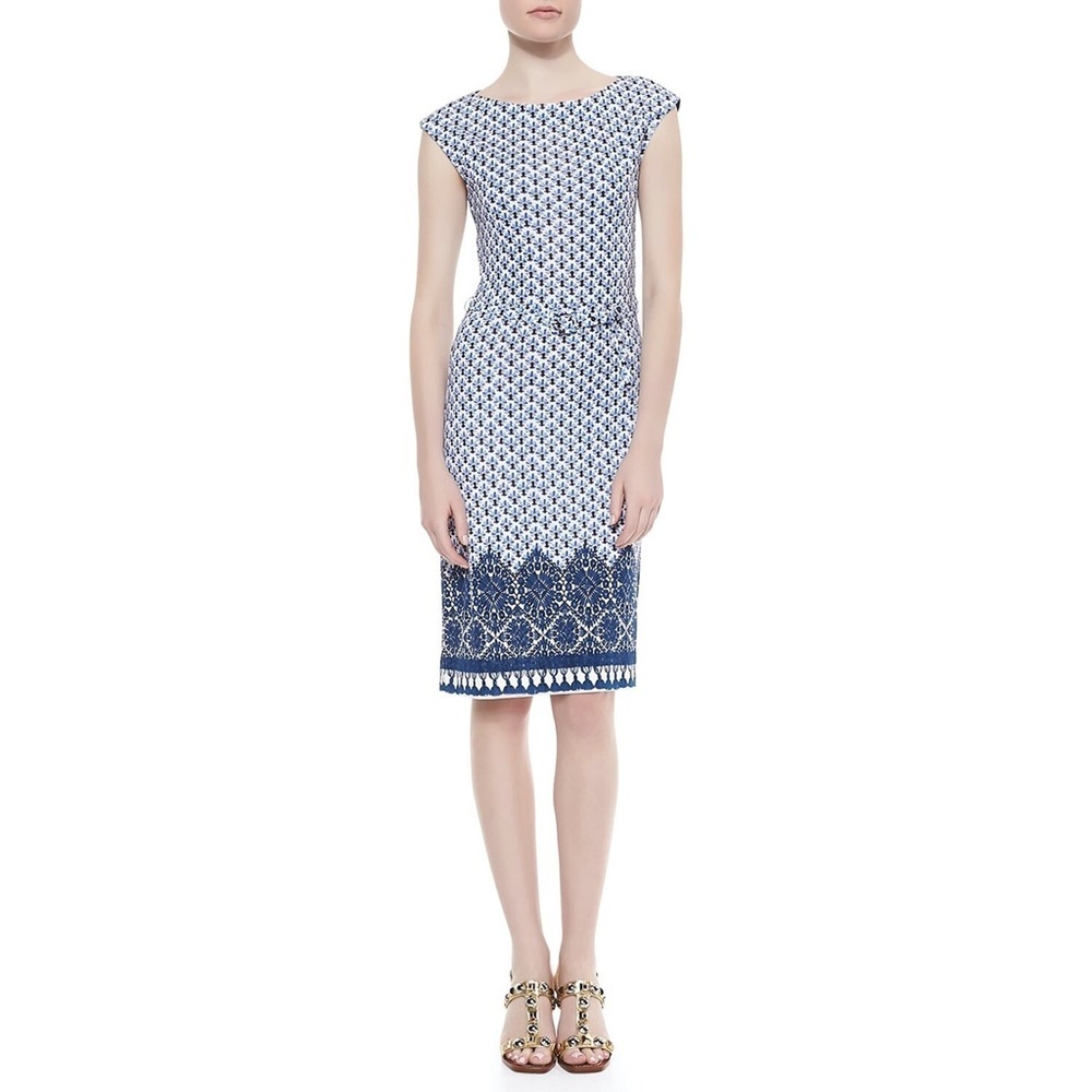 Tory Burch - Jamie Cap Sleeve Belted Sheath Dress - Blue and White